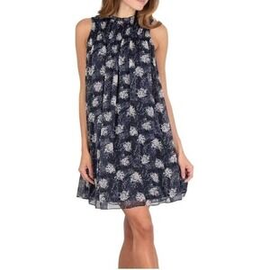 Joie Navy Floral Chiffon Mini Dress Sleeveless Shift Keyhole Back Size Small